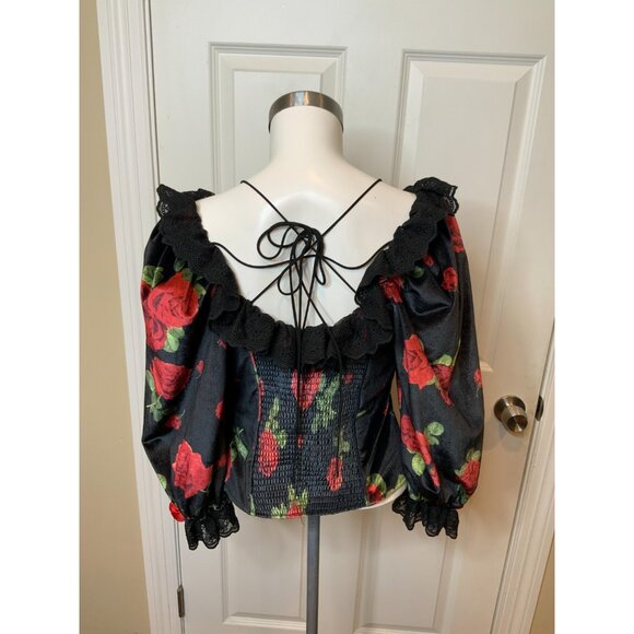 For Love & Lemons Black Red Rose Velvet Yara Top NWT $189 Size Medium - Picture 10 of 11